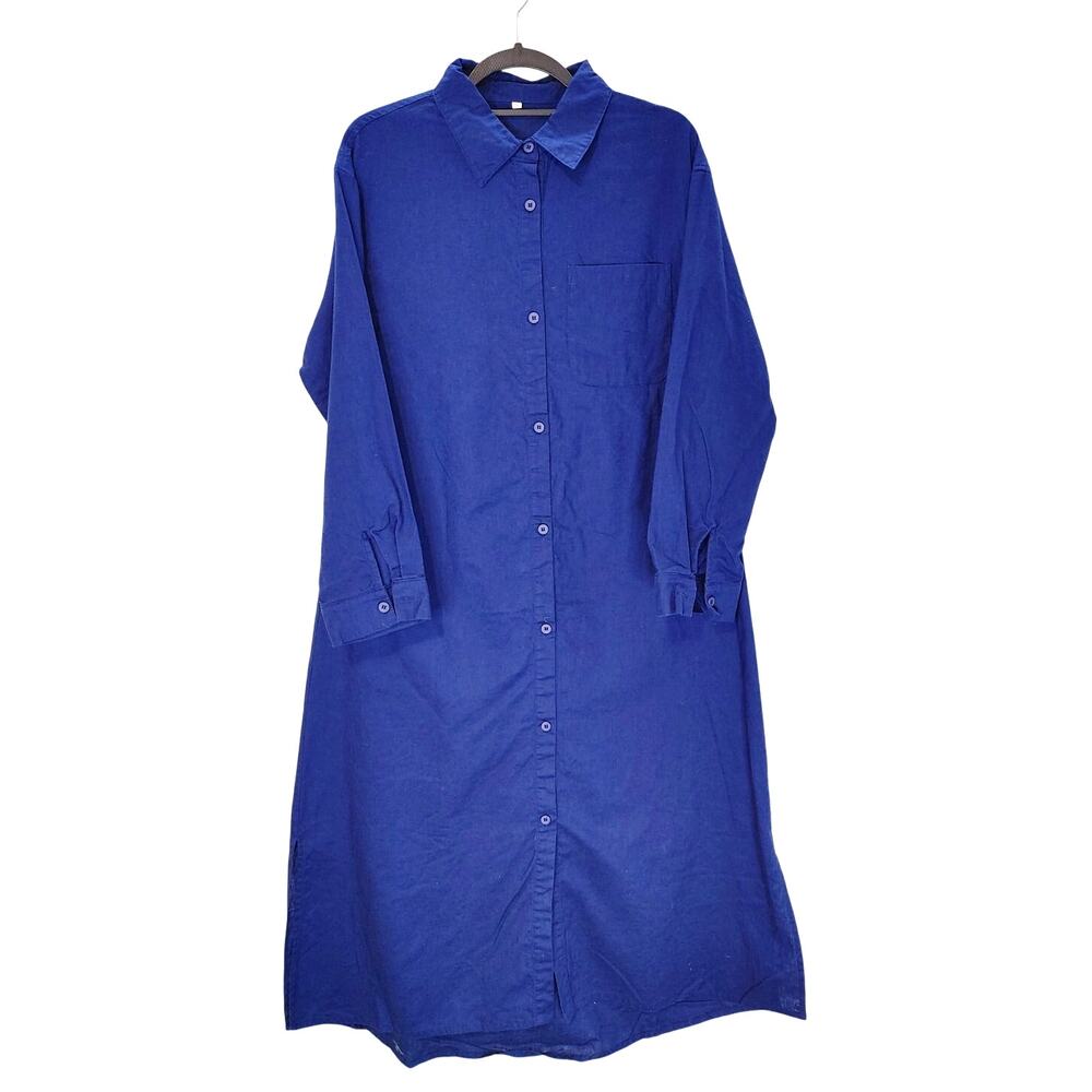 Cozinen Long Sleeve Midi Shirt Dress Button Front Loose Fit Dark Blue Womens S